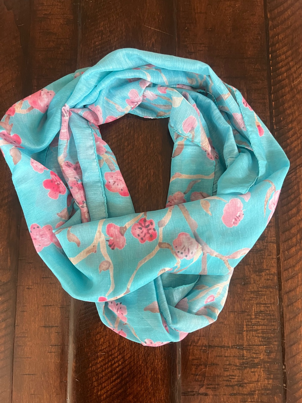 Cherry Blossom Floral Infinity Scarf Aqua Pink Lightweight Loop Scarf